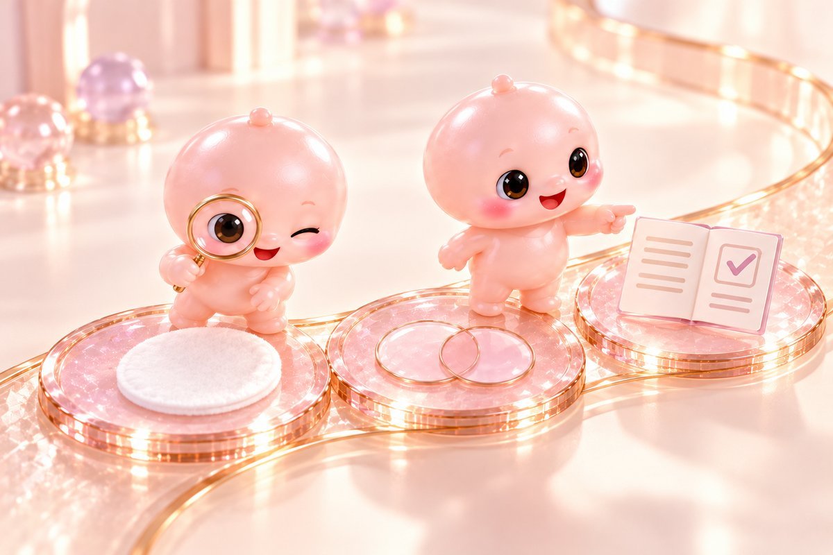 Pink mascots beside a cotton pad, overlapping routine symbols and an instruction leaflet, illustrating checks before adding a pad step.