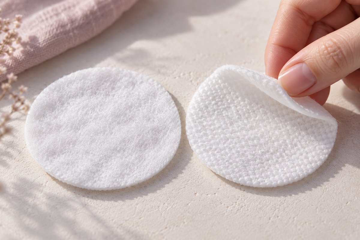 Close-up of smooth and embossed cotton pads, with one held gently to show its flexible texture.